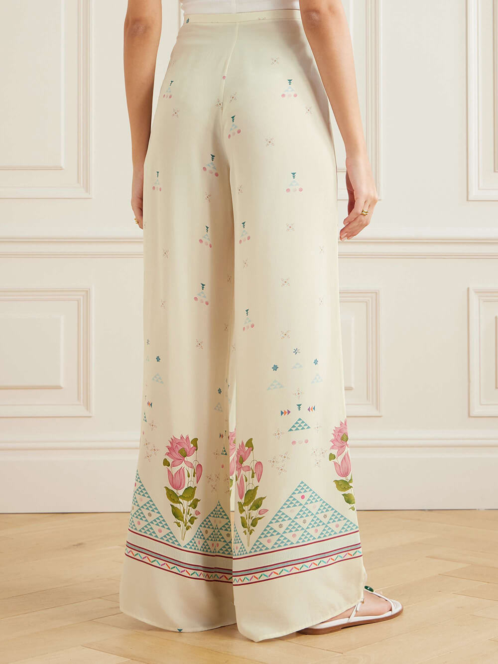 Exquisite Bohemian Bloom Floral Print Patchwork Elastic Waist Wide-Leg Pants