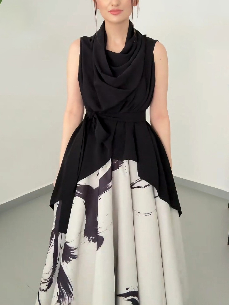 Elegant Abstract Print Draped Midi Dress Two-piece Set