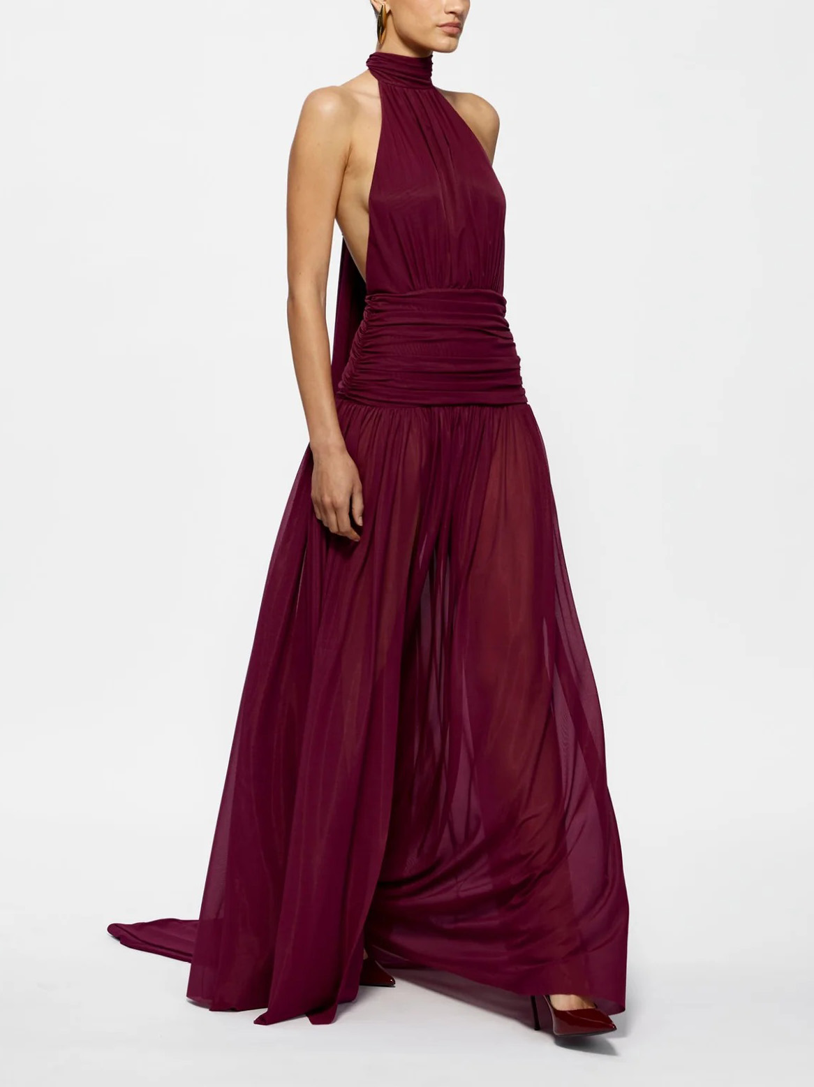 Elegant Halter Neck Ruffled Mesh Maxi Dress