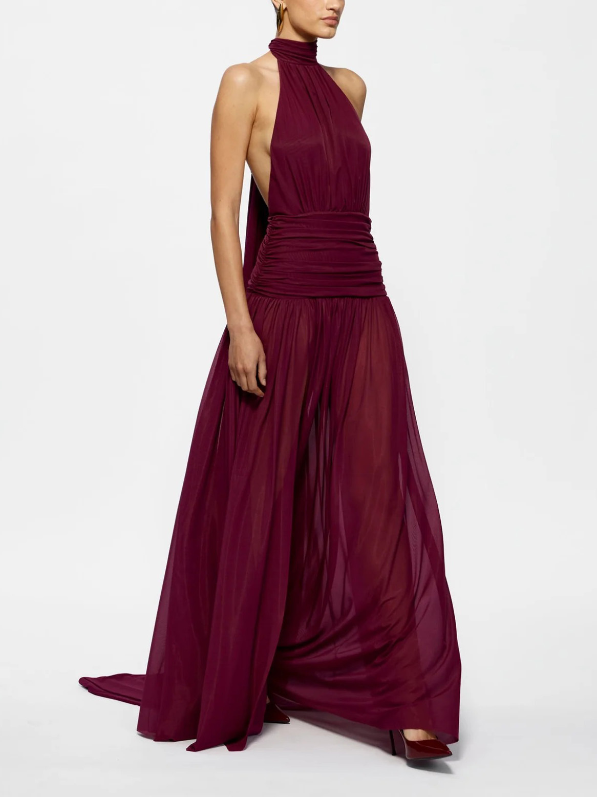 Elegant Halter Neck Ruffled Mesh Maxi Dress