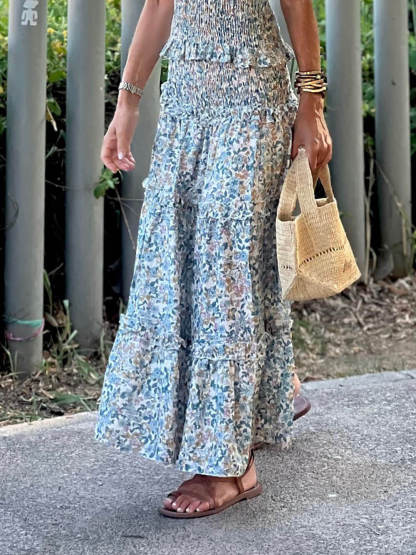 Retro Pleated Floral Print Ruched Ruffle Maxi Skirt