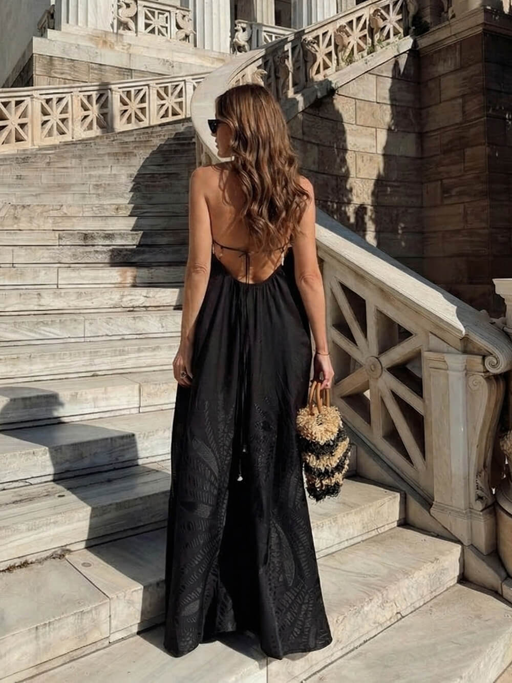 Boho Jacquard Backless Spaghetti Strap Maxi Dress