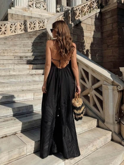 Boho Jacquard Backless Spaghetti Strap Maxi Dress