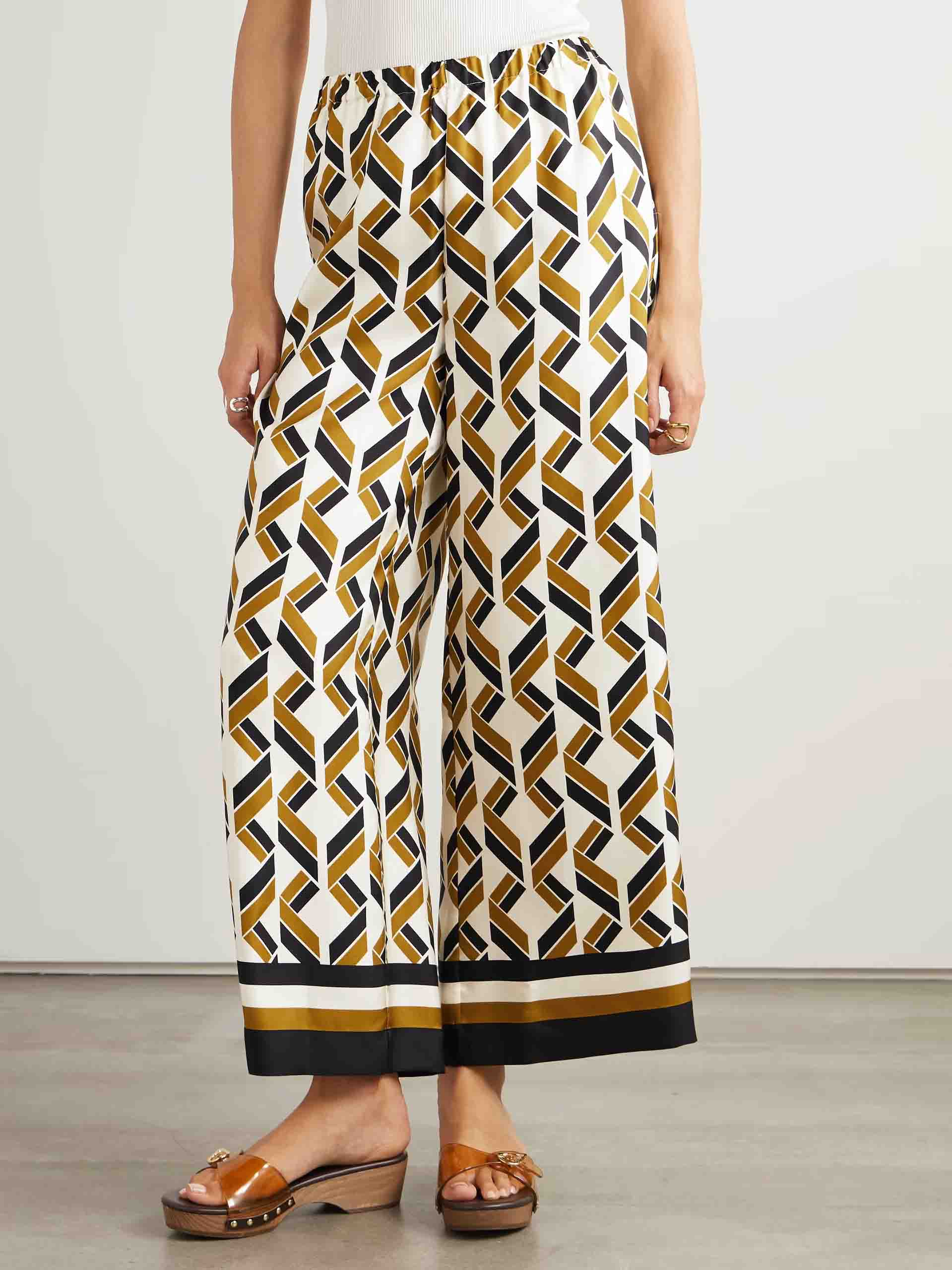 Exquisite Satin Geometric Print Elastic Wide-leg Pants