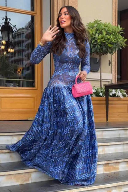 Unique Mesh Ruched Panel Print Stretch Maxi Dress