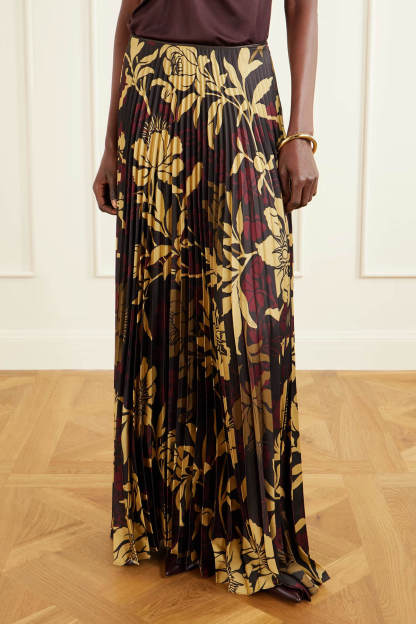 Elegant Satin Pleated Tank Top And Pleated Printed Twill Skirt Set