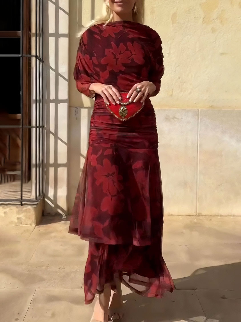 Elegant Mesh Printed Split Maxi Dress