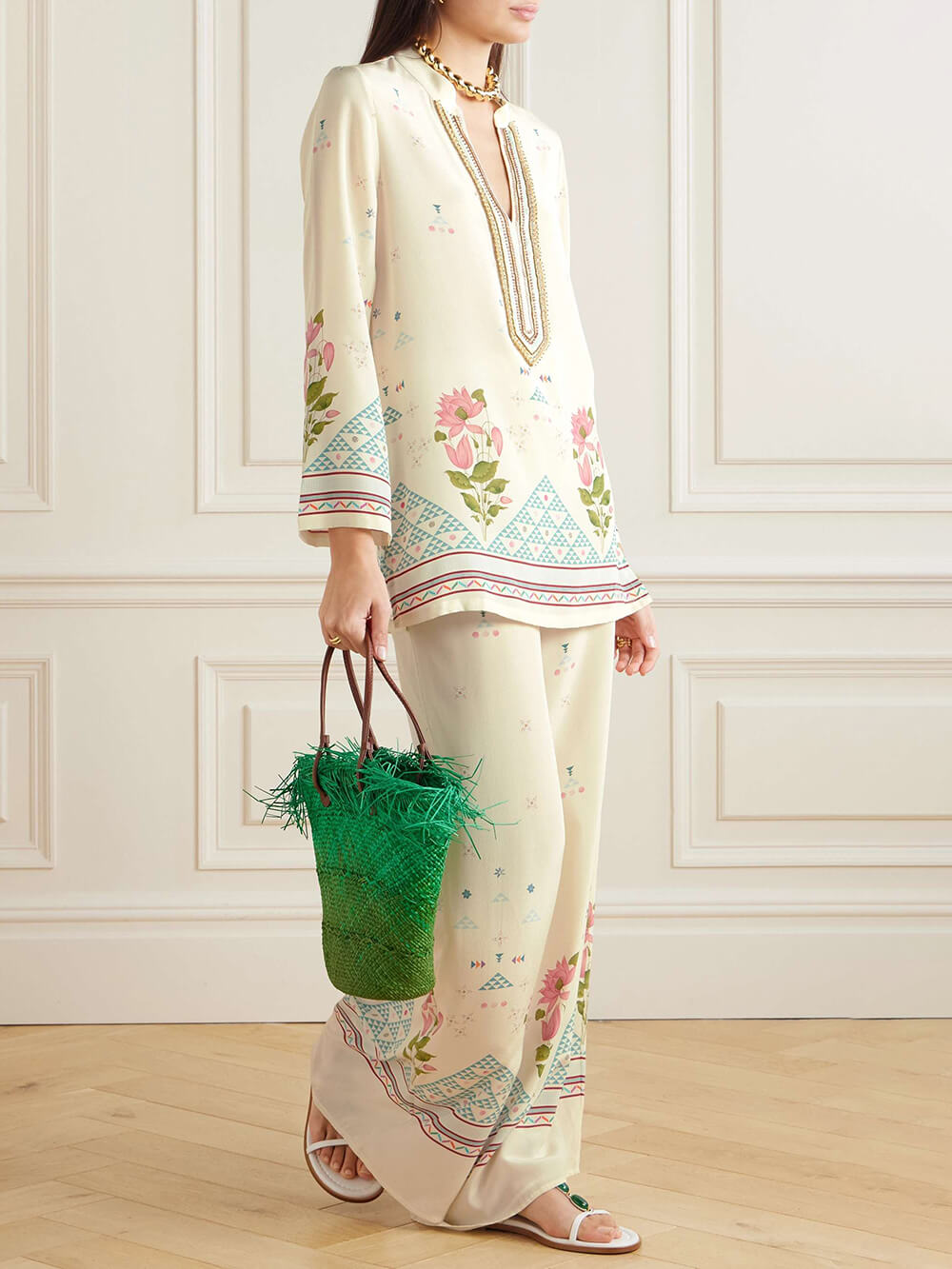 Exquisite Bohemian Bloom Floral Print Patchwork Elastic Waist Wide-Leg Pants