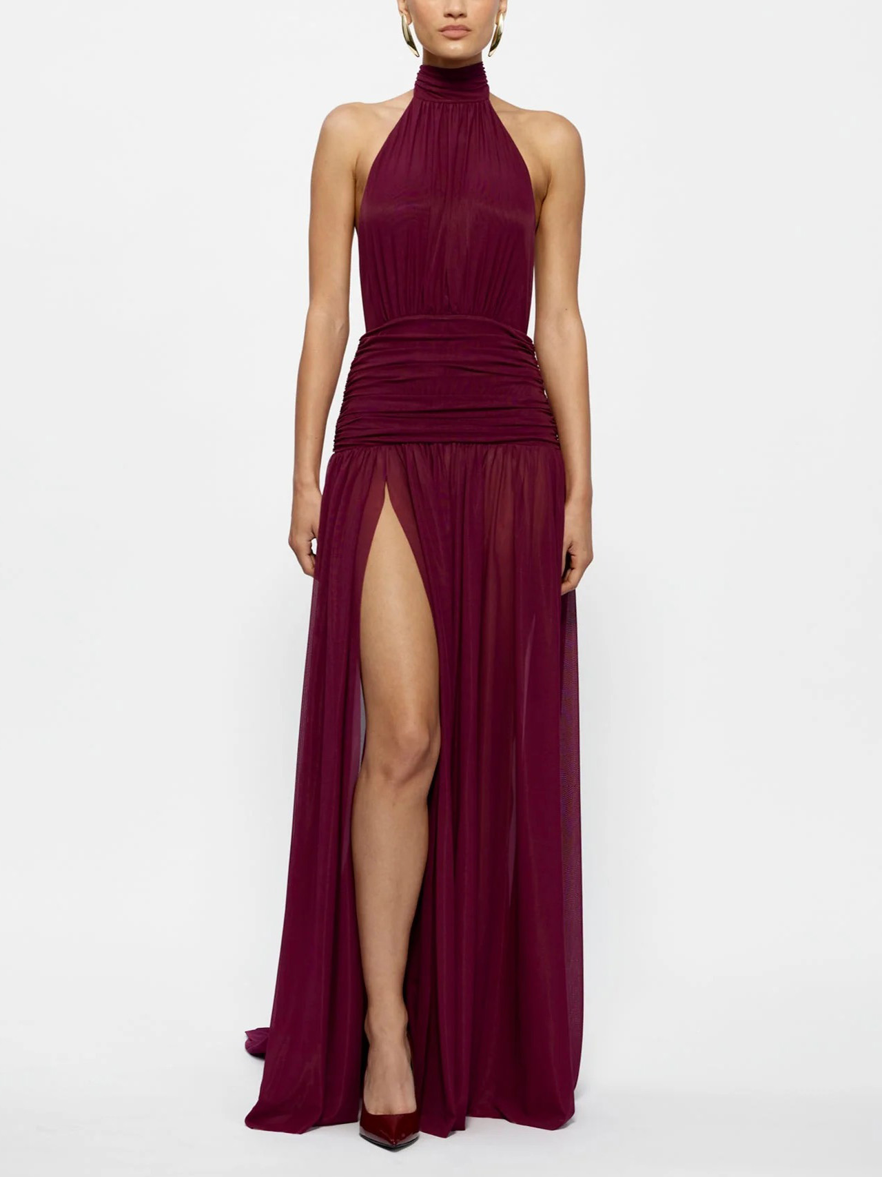 Elegant Halter Neck Ruffled Mesh Maxi Dress