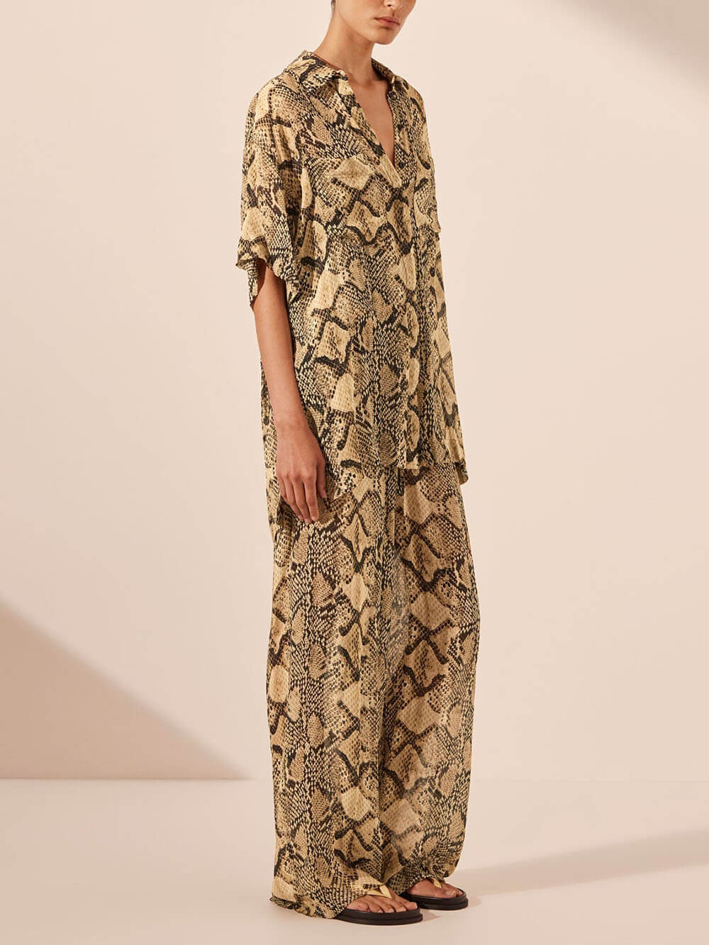 Modern Feel Satin Unique Snake Print Elastic Waist Drawstring Pocket Wide Leg Pants