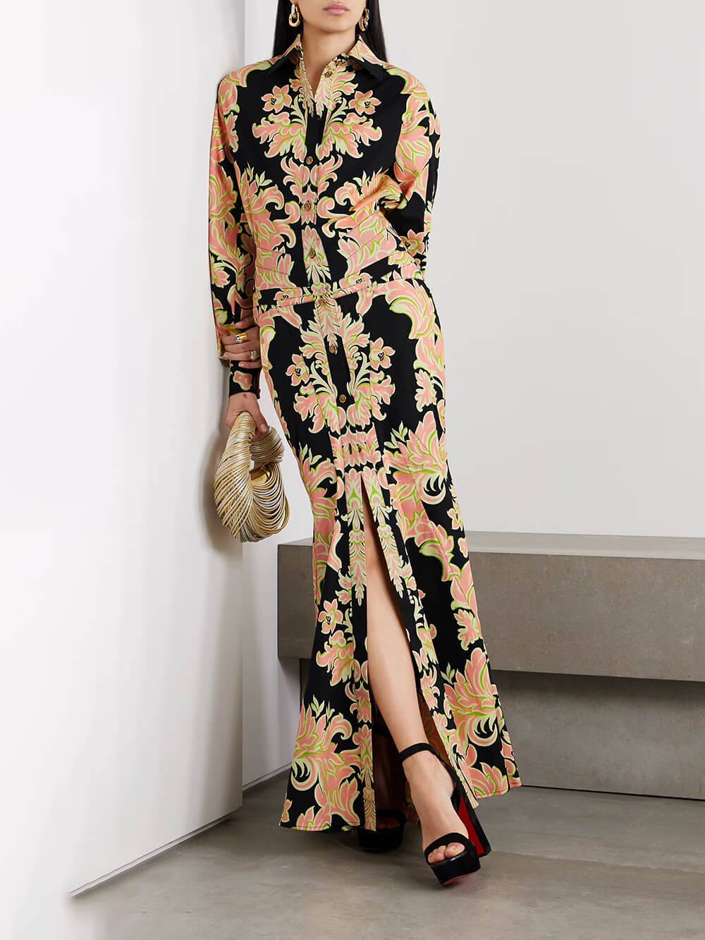 Retro Ethnic Print Satin Flounce Hem Maxi Dress