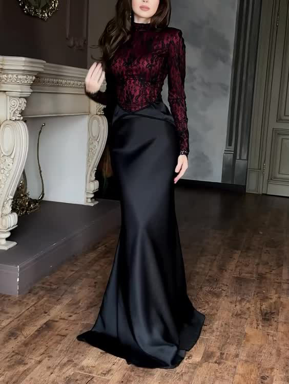 Elegant Lace Bodice Satin Mermaid Maxi Dress