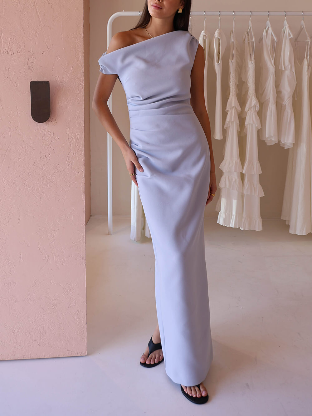 Elegant Pleated Off-Shoulder Slit Hem Maxi Dress