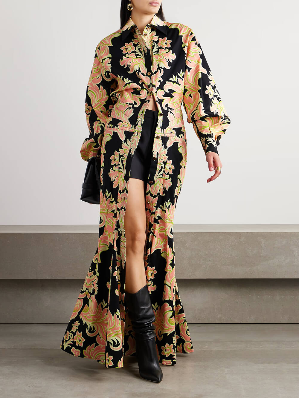 Retro Ethnic Print Satin Flounce Hem Maxi Dress