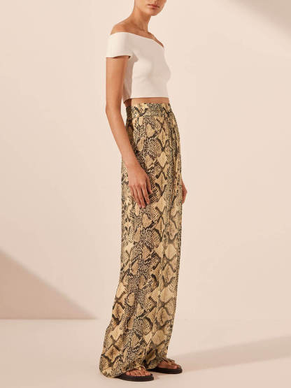 Modern Feel Satin Unique Snake Print Elastic Waist Drawstring Pocket Wide Leg Pants
