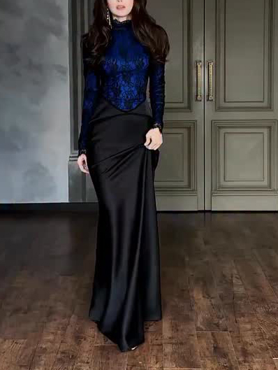 Elegant Lace Bodice Satin Mermaid Maxi Dress