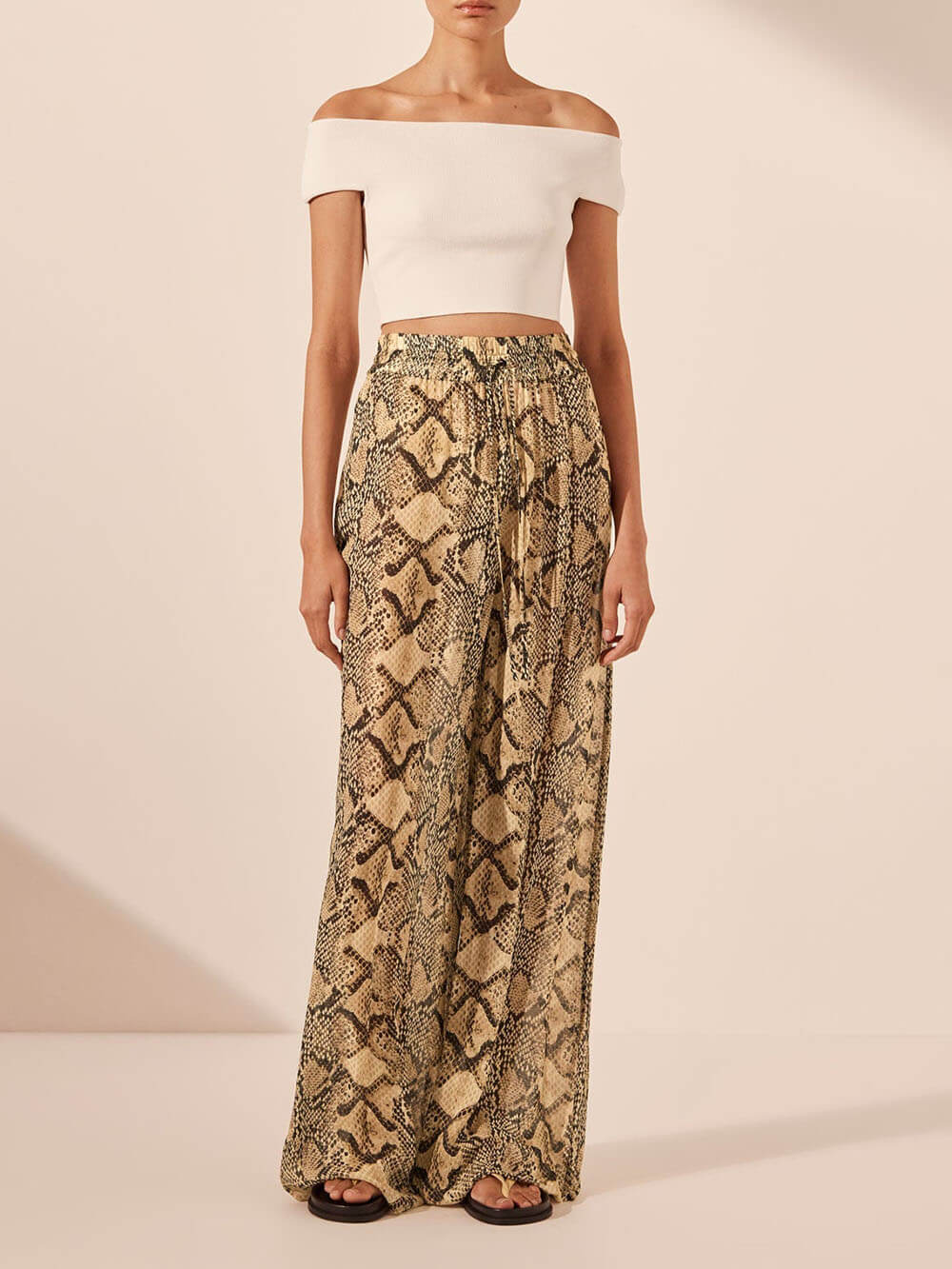 Modern Feel Satin Unique Snake Print Elastic Waist Drawstring Pocket Wide Leg Pants