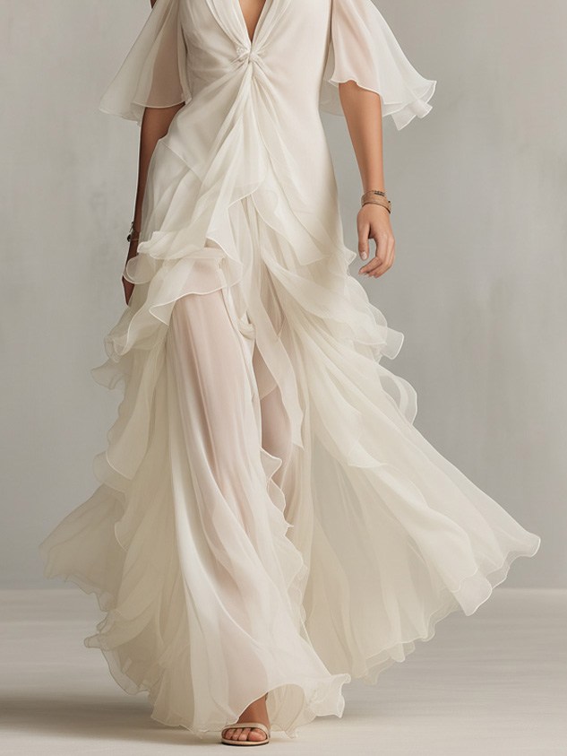 Elegant Knotted Front Layered Ruffle Maxi Dress