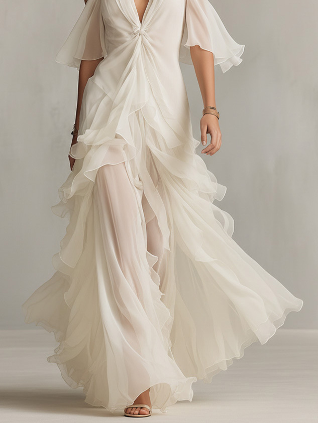 Elegant Knotted Front Layered Ruffle Maxi Dress