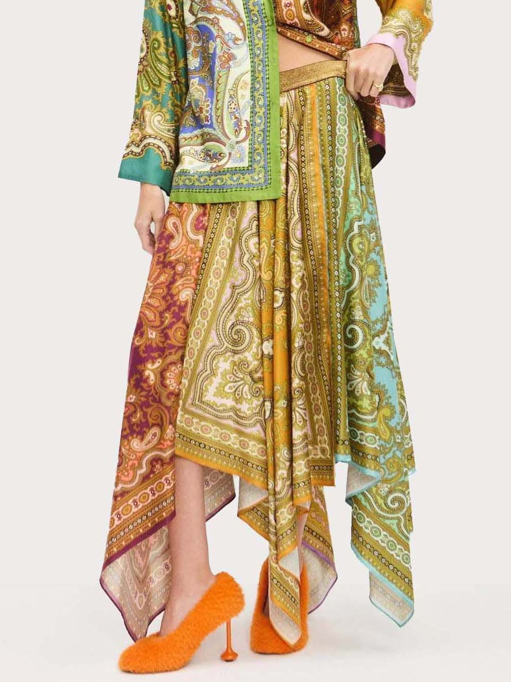 Retro Paisley Print Satin Irregular Skirt