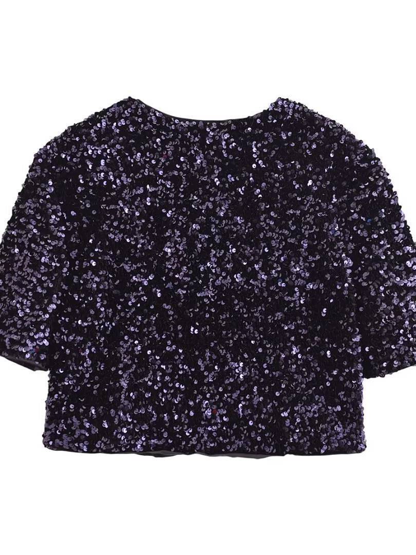 Sequined Bow Short-Sleeve Top