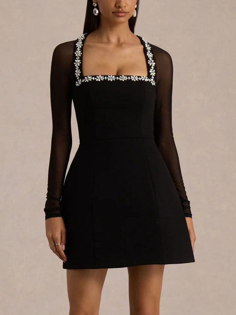 Elegant Crystal-embellished Mesh Sleeve Mini Dress