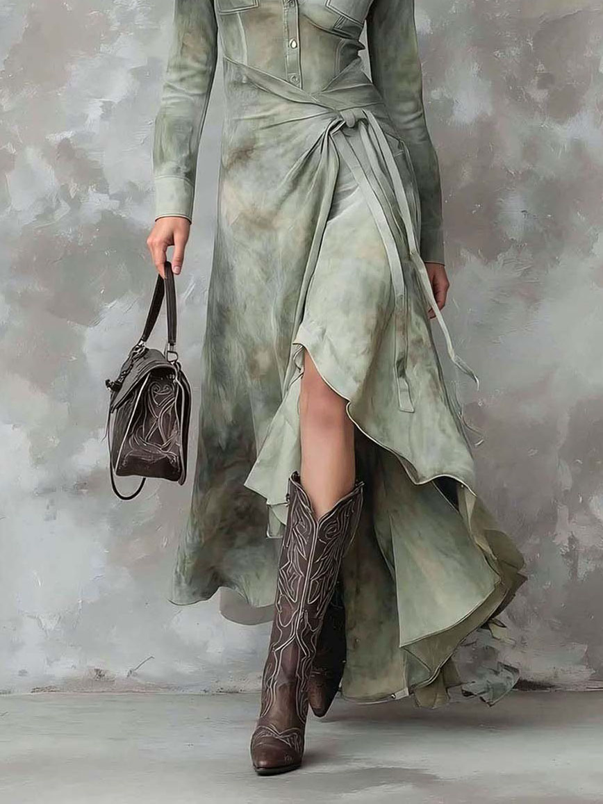 Retro Tie-Dye Print Shirt Collar Maxi Dress