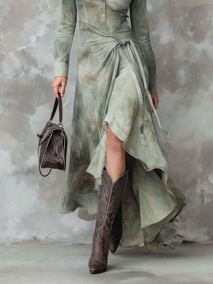 Retro Tie-Dye Print Shirt Collar Maxi Dress