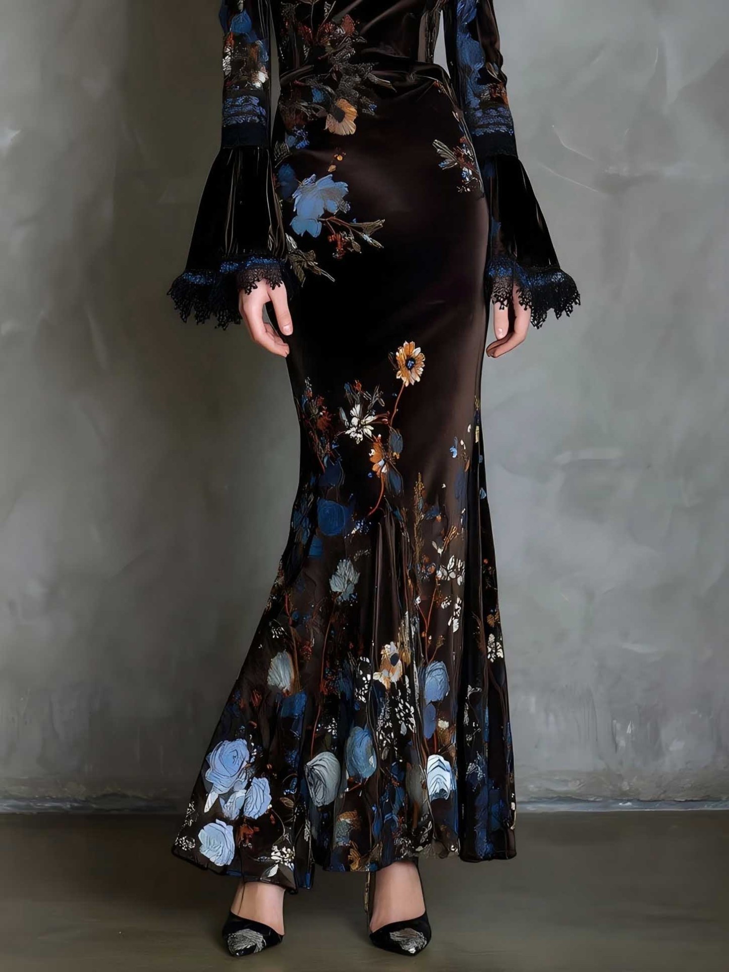 Elegant Velvet Floral Print Lace Flared Sleeve Fishtail Maxi Dress