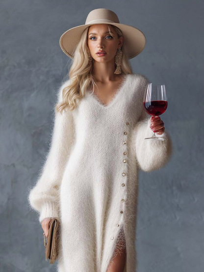Elegant Fuzzy V-Neck Button-Detail Slit Maxi Sweater Dress