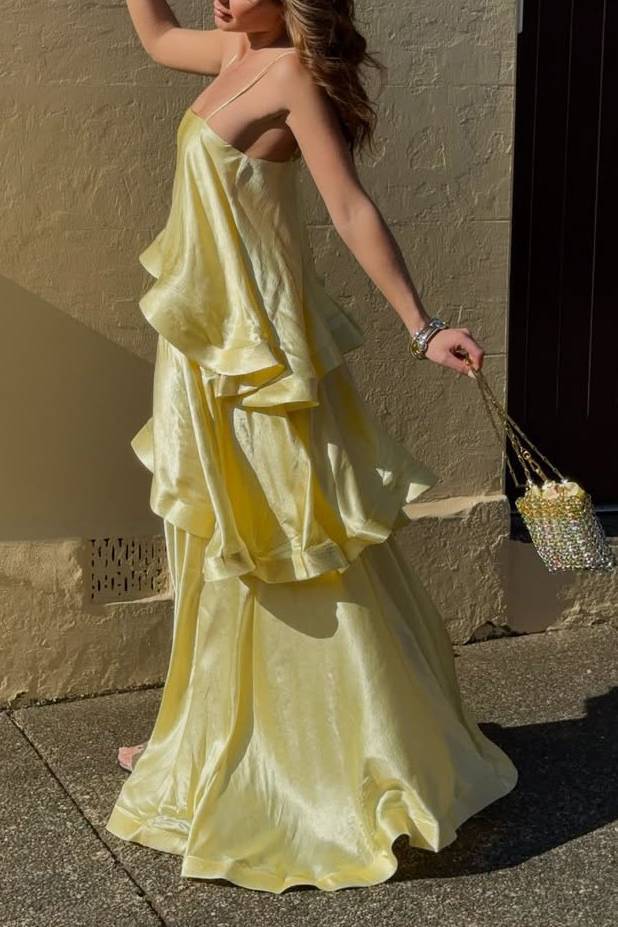 Elegant Three-layer Ruffle Sling Maxi Dress