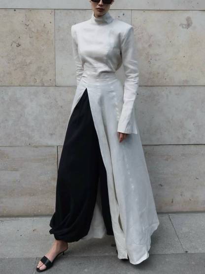 Long Sleeve Slit Shirt Dress And Wide Leg Pants Suit