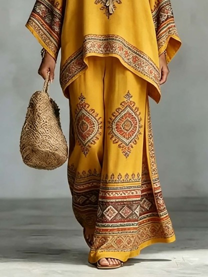 Exquisite Ethnic Print Batwing Sleeve Loose Two-Piece Set