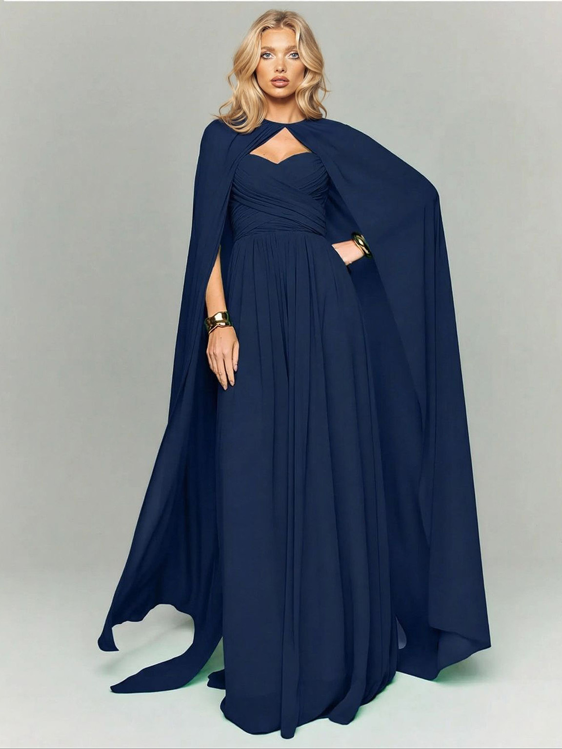 Elegant Strapless Ruched Maxi Dress With Flowing Cape