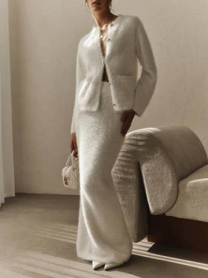 Elegant Knitted Cardigan And Skirt Suit