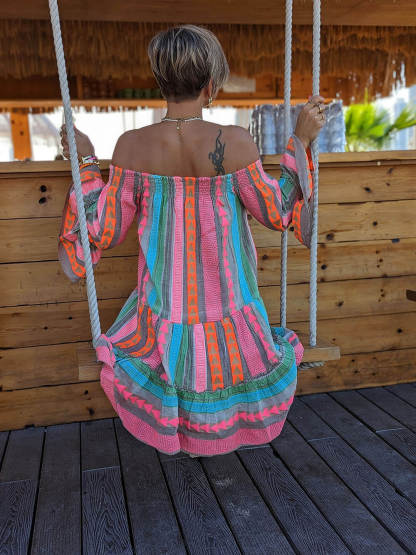 Linen Blend Ethnic Print Off Shoulder Loose Mini Dress