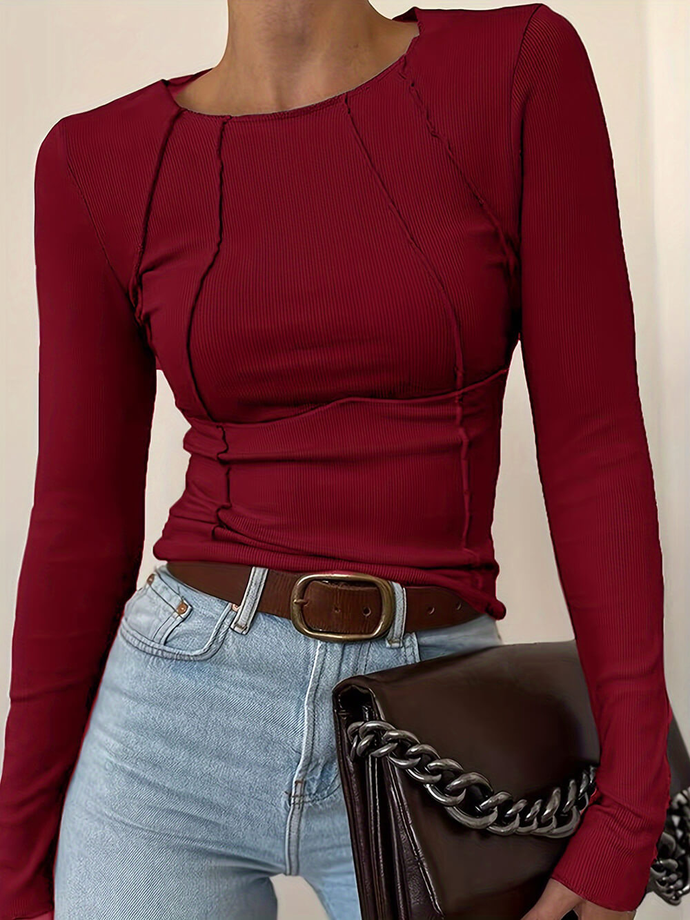 Unique Split Solid Color Long-Sleeved Top