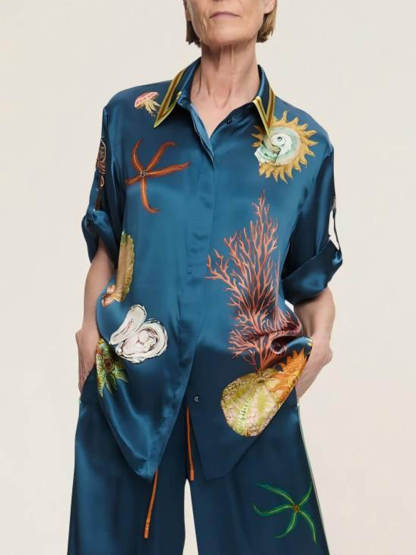 Classic Modern Feeling Unique Satin Ocean Animal Print Button Down Oversized Blouse