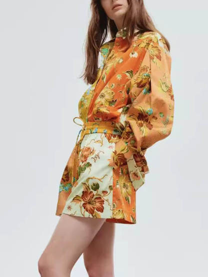 Casual Fashion Unique Print Button Shirt Elastic Drawstring Shorts Set