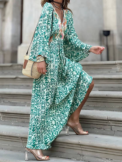Fashionable And Casual V-Neck Colorblock Print Maxi Dress