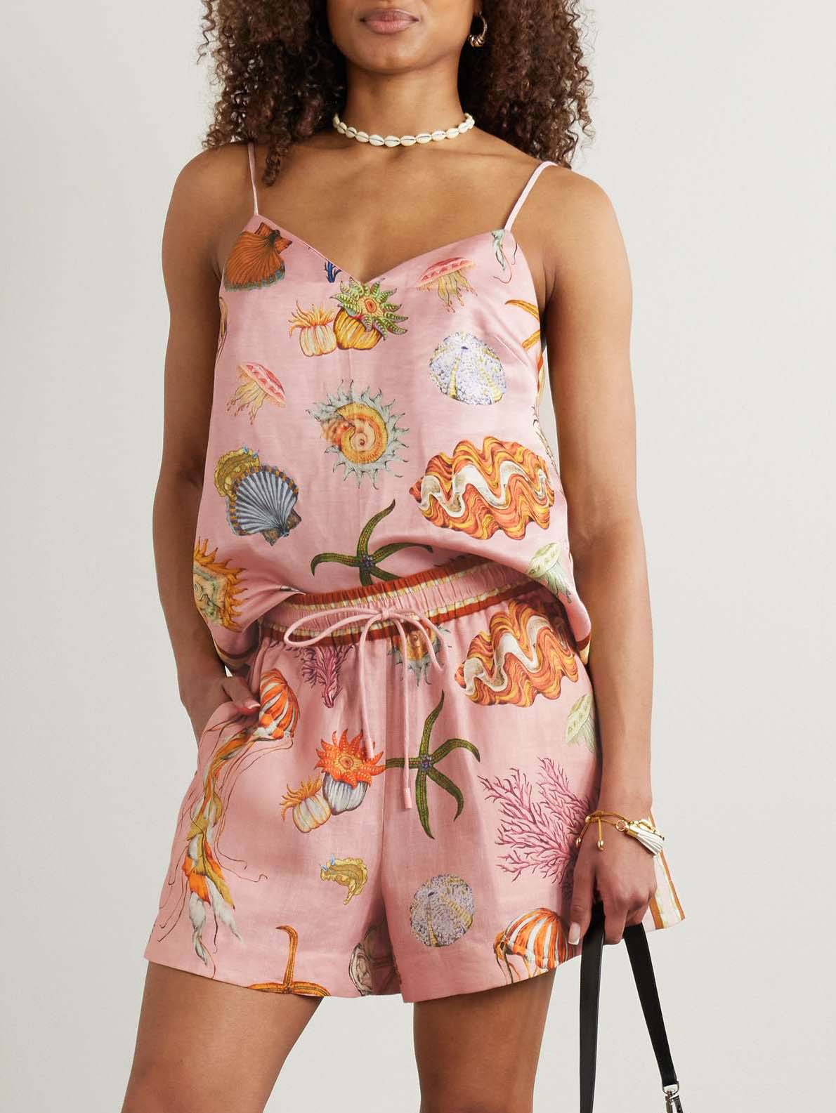 Exquisite Satin Ocean Shell Print Shorts Two-piece Set