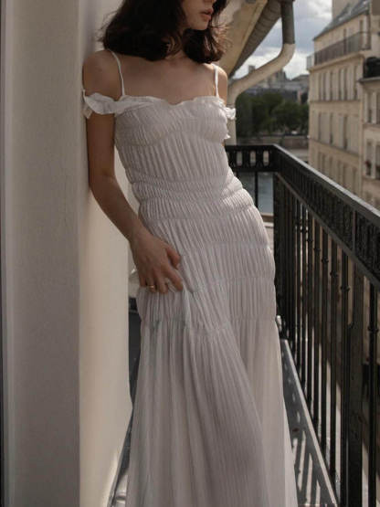 Classic Ruffled Pleated Suspender Maxi Dress