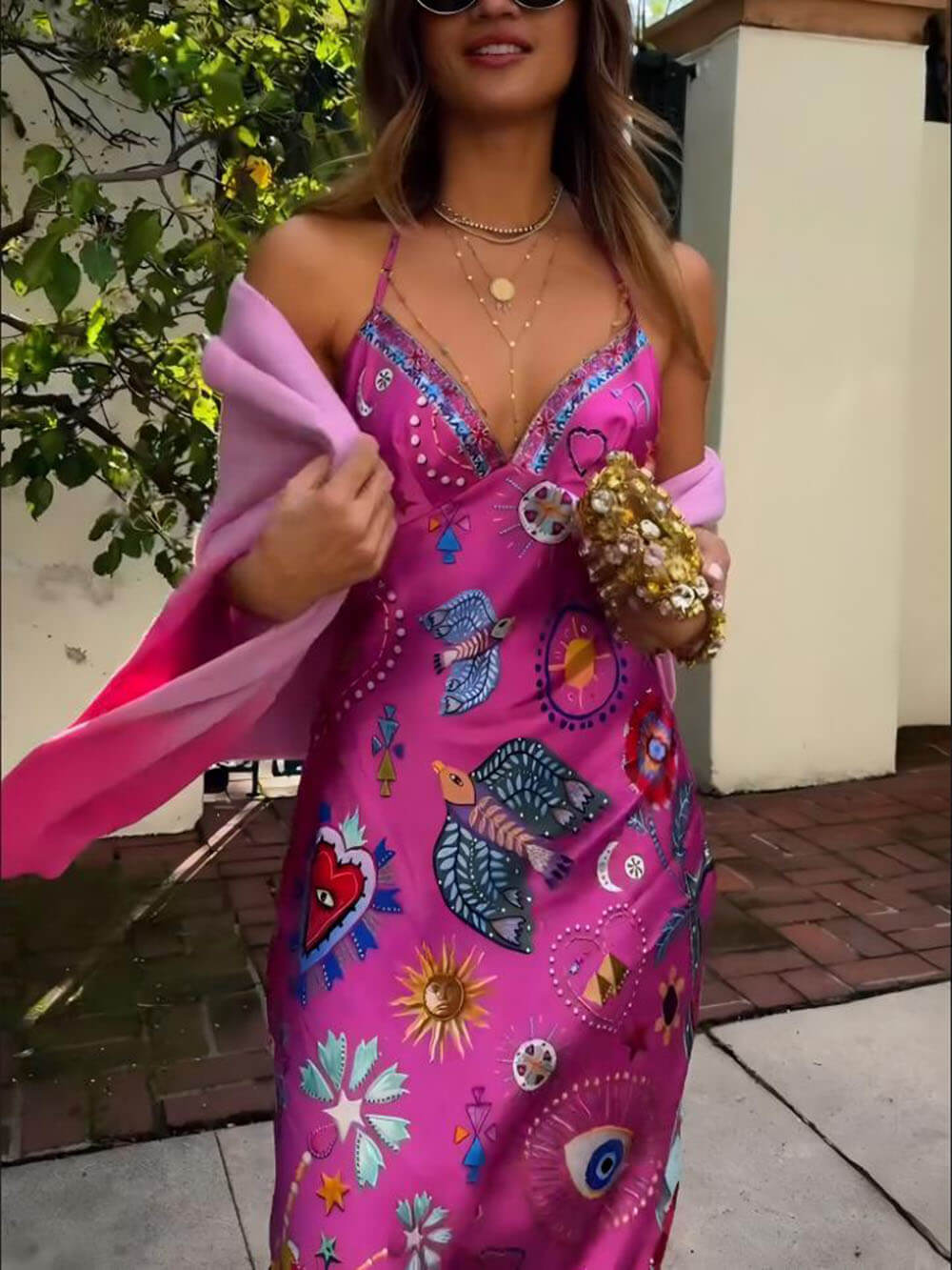 Chic Satin Unique Print Back Chain Detail Slip Maxi Dress