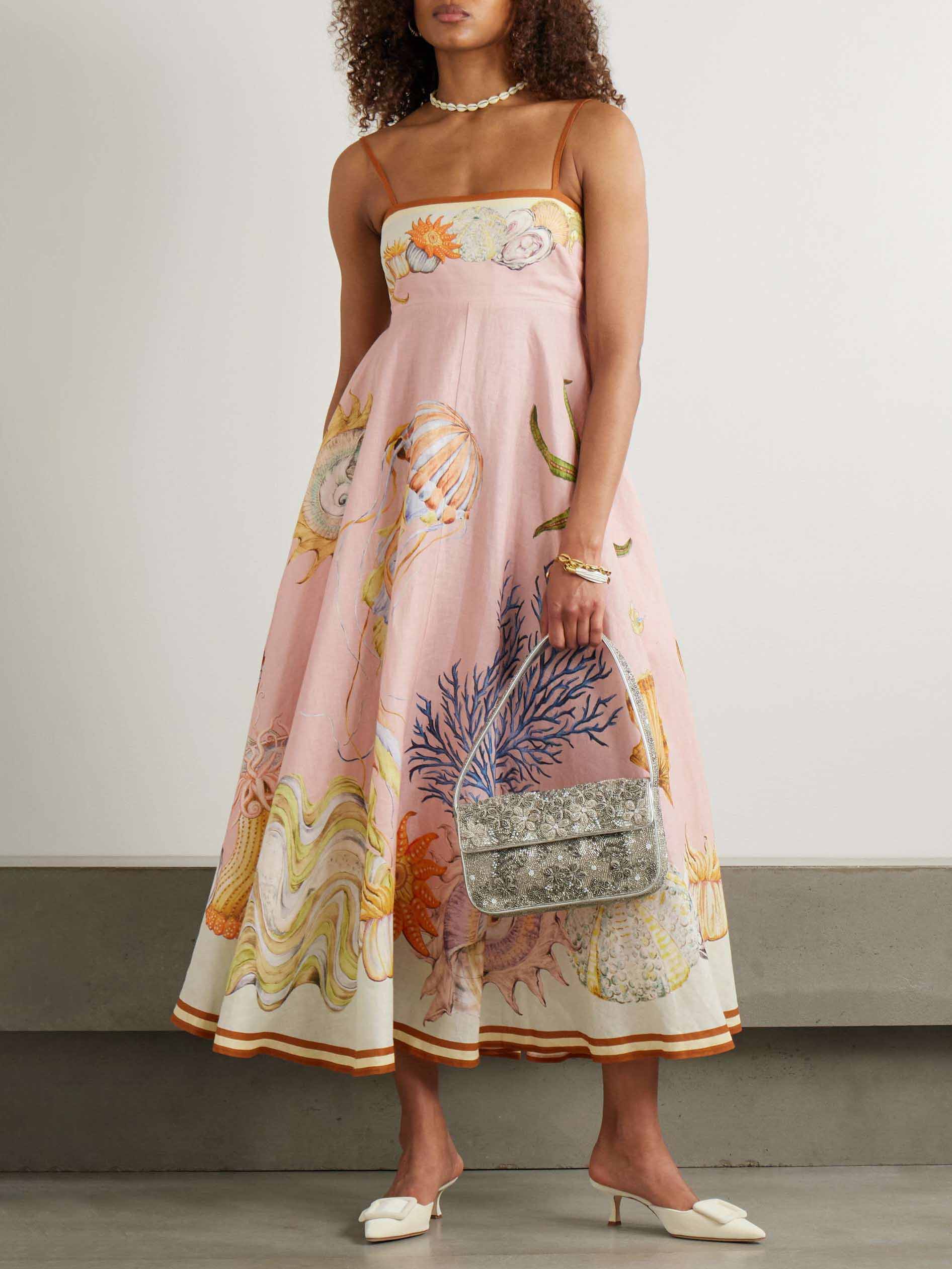 Exquisite Marine Aquatic Print Halter Neck Midi Dress