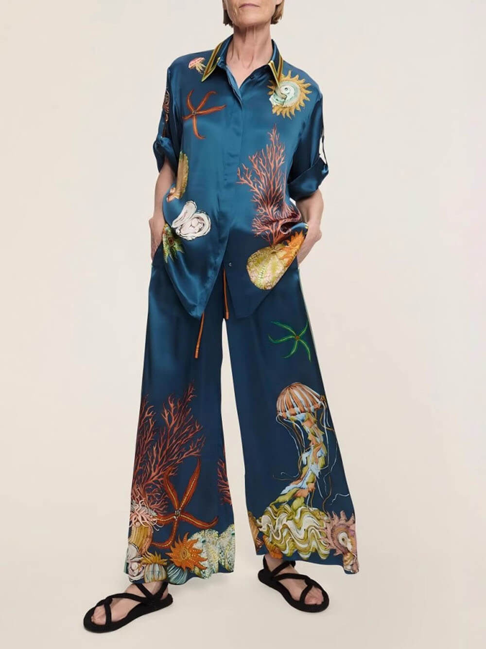 Classic Modern Feeling Unique Satin Ocean Animal Print Button Down Oversized Blouse