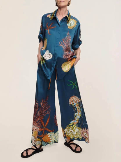 Classic Modern Feeling Unique Satin Ocean Animal Print Button Down Oversized Blouse