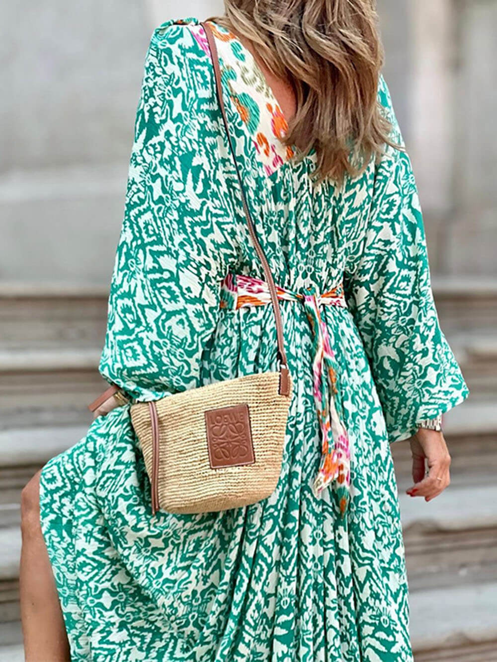 Fashionable And Casual V-Neck Colorblock Print Maxi Dress