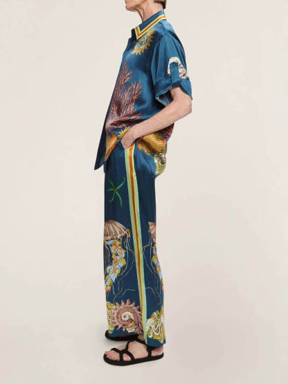 Classic Modern Feeling Unique Satin Ocean Animal Print Button Down Oversized Blouse
