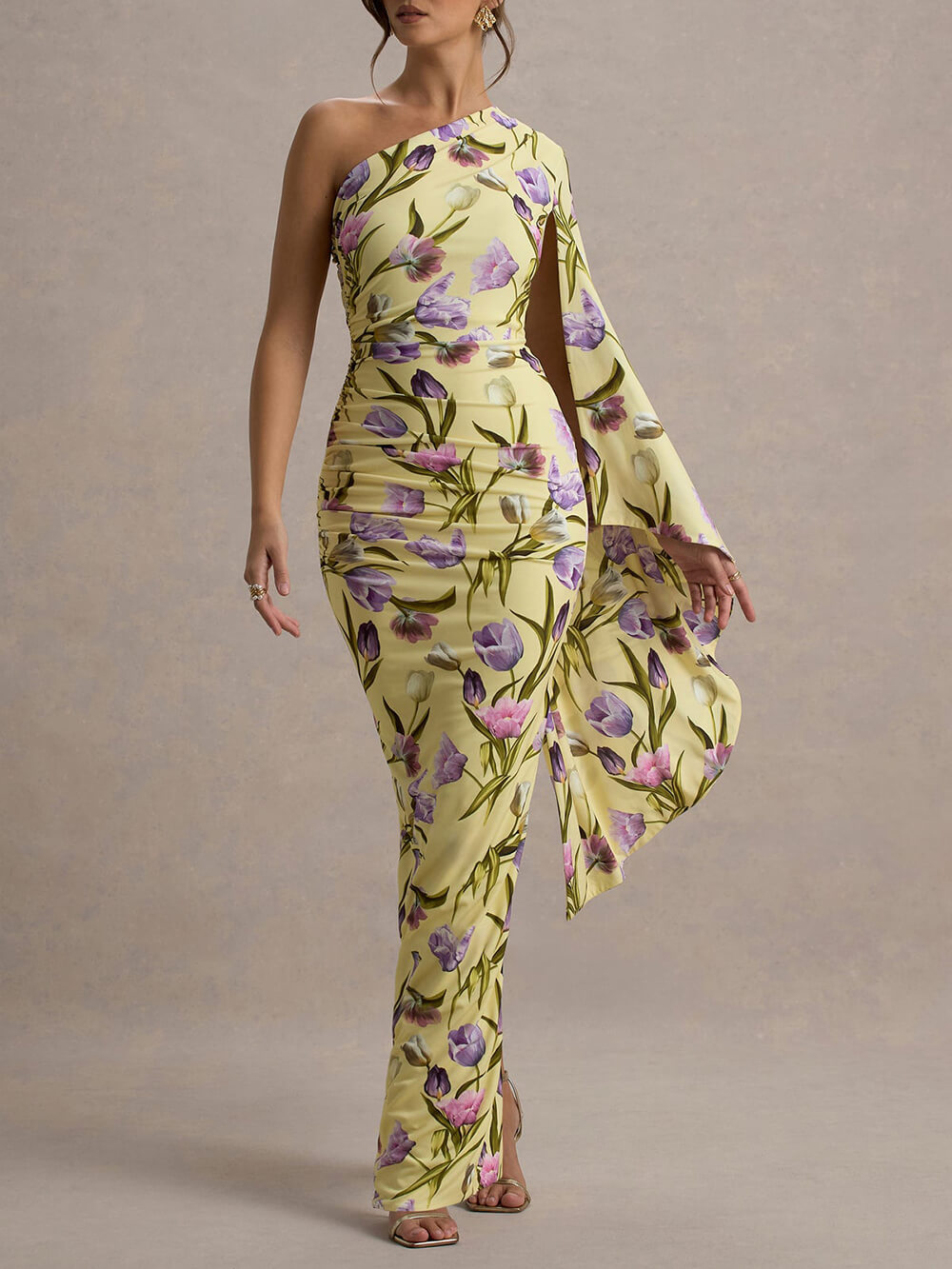 Elegant Floral Print Asymmetrical Cape Sleeves Maxi Dress