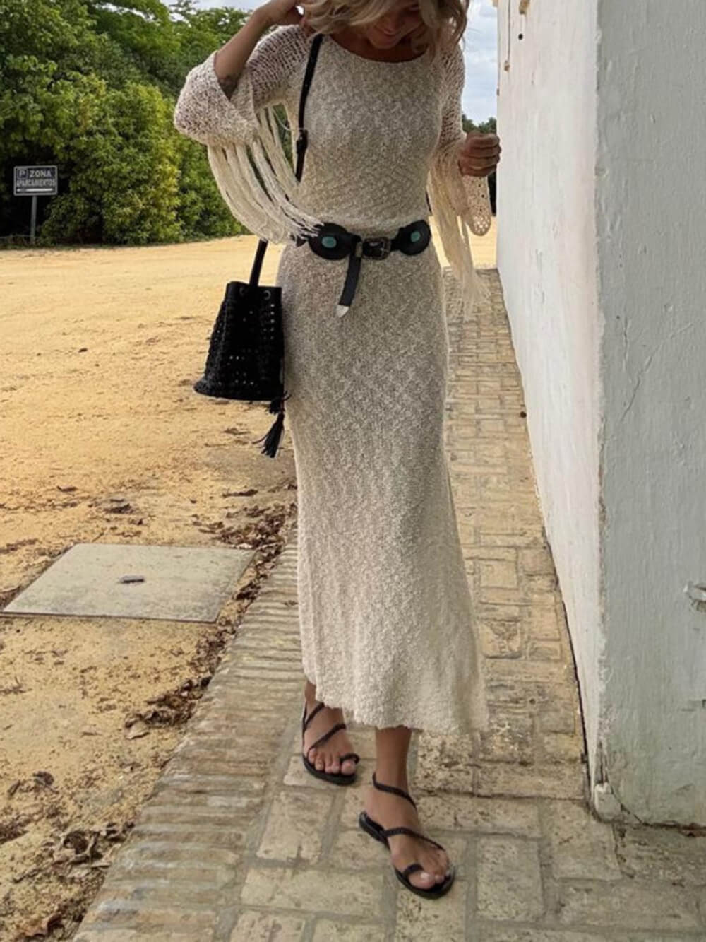 Summer Hollow Raglan Sleeves Fringe Splicing Slits Casual Dress